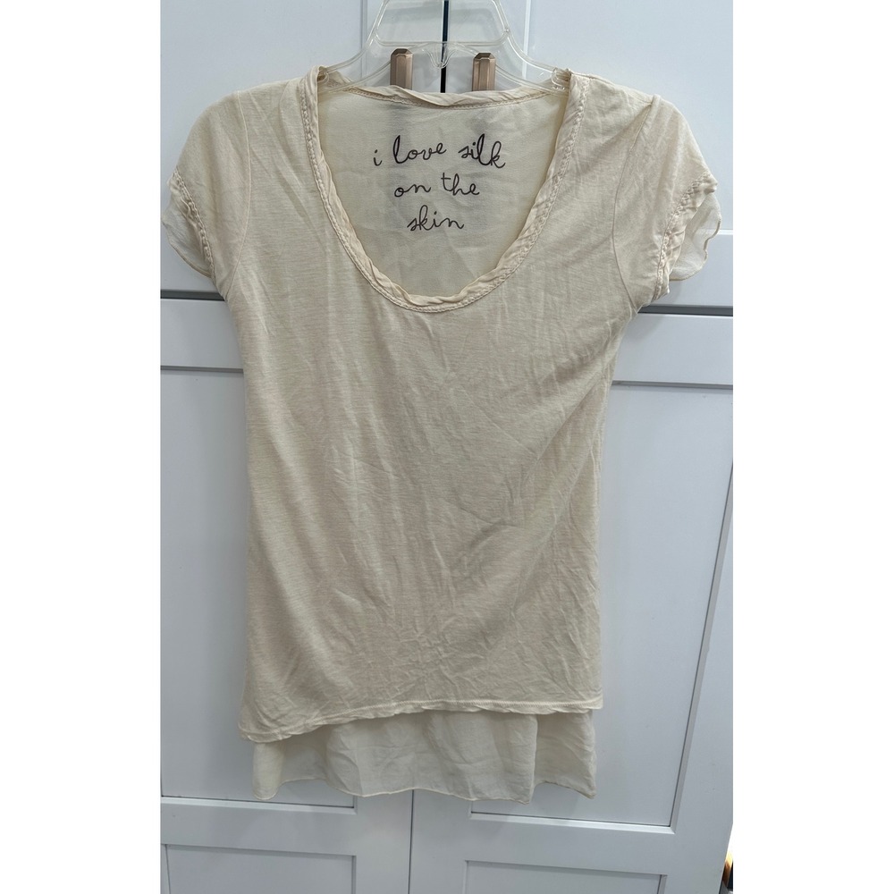Made in Italy Silk Wool Modal Layered Hem Scoop Neck Top Cream Women Small
